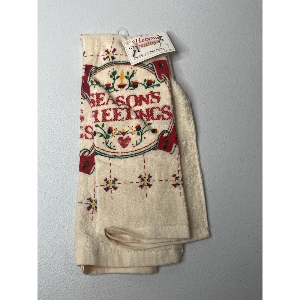 Vtg Christmas Holiday Kitchen Hand Towel Seasons‎ Greeting NOS MCM
